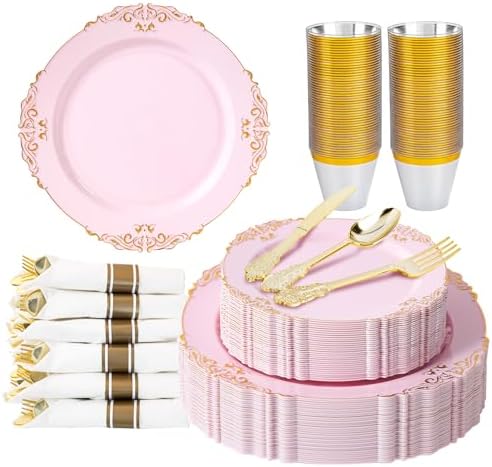 350pcs Gold Pink Retro Dinnerware Sets Disposable for 50 Guests by Unknown