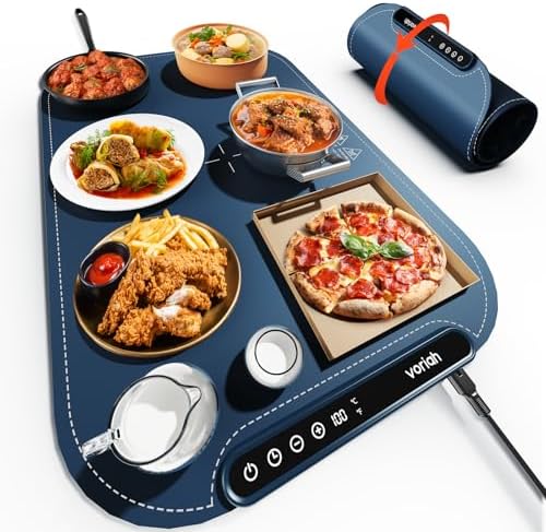 Warming Mat for Food, Voriah Electric Warming Tray with 99H Timer & 8 Temperature Settings, Foldable Food Warmer with °C/°F Switch, Keeps Food Warm at Buffets, Sabbath, Family Gatherings（Navy Blue） by Leteveryoneenjoylife