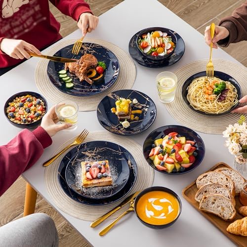 LOVECASA Plates and Bowls Sets for 6, 24 Pieces Porcelain Dinnerware Sets, Dark Blue and Gold Dish Set Gold Splash Dishware Sets, Dishwasher Microwave Safe - Image 6