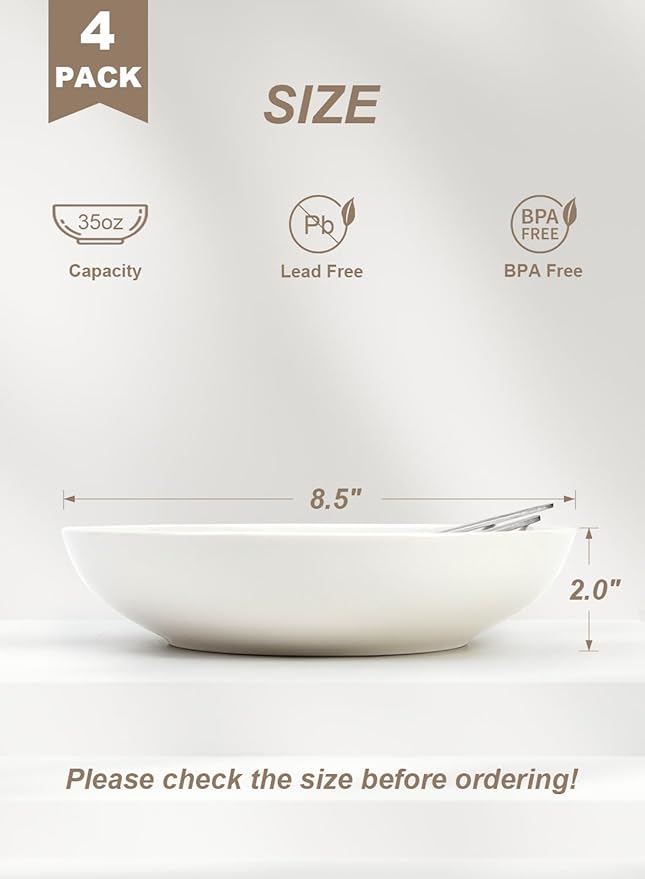 Quatish 35oz Pasta Bowls Set of 4, 8.5" Large Salad Bowls Soup Bowl for Kitchen, Microwave & Dishwasher Safe, Porcelain Wide and Shallow Serving Bowl, White Dinner Plates, Dinnerware Set, Gift
