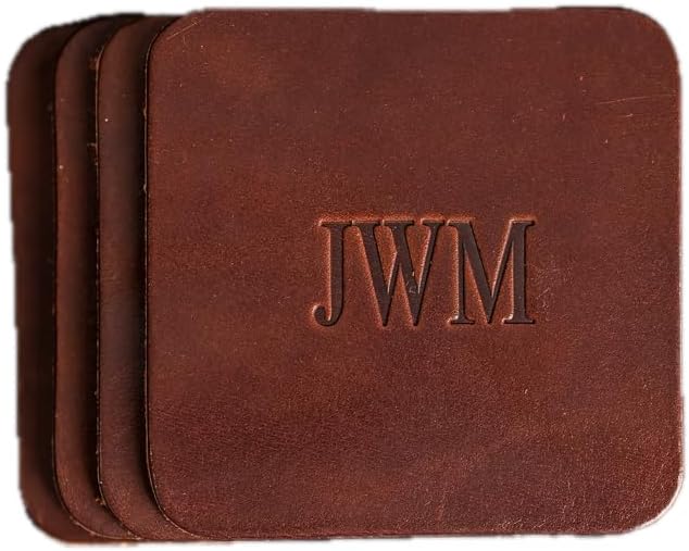 Ox & Pine Personalized Leather Coaster - Sold Individually or in Sets of 4 - Customize Inscription - 100% Full-Grain Leather – 4" Round or 4" Square (Square, Brown, Set of 4 Coasters)