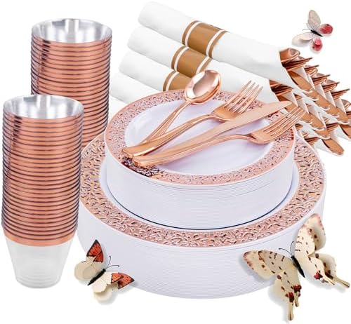 WELLIFE 350 PCS Rose Gold Disposable Dinnerware Set for 50 Guests, Disposable Rose Gold Lace Plates, Include:50 Dinner Plate, 50 Dessert Plates, 50 Pre Rolled Napkins with Silverware and 50 Cups by WELLIFE