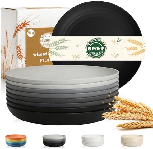 Salad Plates Set of 8, Wheat Straw Plates 9 Inch - BlackGrey by BUSOKIP