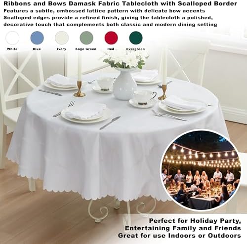 Newbridge Holiday Ribbons Bows White 70" Round Tablecloth | Thanksgiving Christmas Jacquard Damask Table Cover, Water Stain Wrinkle Resistant, Winter Formal Dinner Party Dining Décor - Image 2