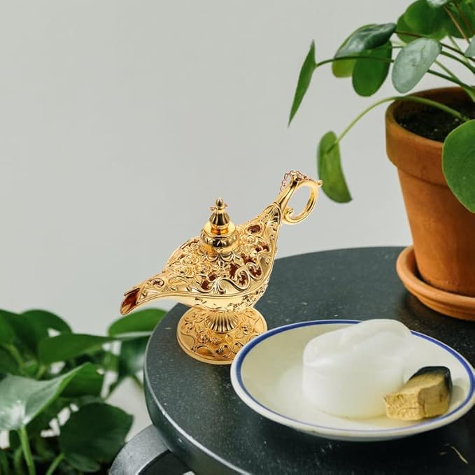 Mini Vintage Aladdin Magic Genie Lamp,Metal Wishing Light,Arabian Costume Props Lamp Tabletop Decor Crafts for Home/Wedding Decoration&Gift for Party/Halloween/Birthday (Gold)