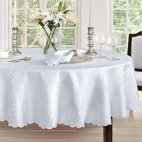 Newbridge Portofino Scalloped Damask Fabric Tablecloth, 60 x 102 Inch Oval, White, Wrinkle and Stain Resistant Dining Room Party Banquet Table Cover - Image 3