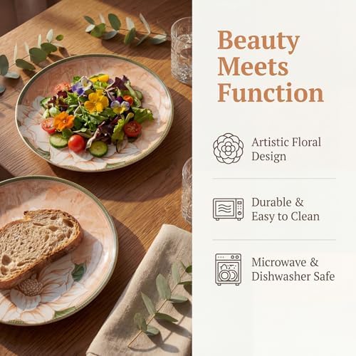 Elegant Camellia Ceramic Dinner Plates, Set of 6, 10.25-Inch Large Serving Plates for Kitchen, Microwave, Oven & Dishwasher Safe - Image 7