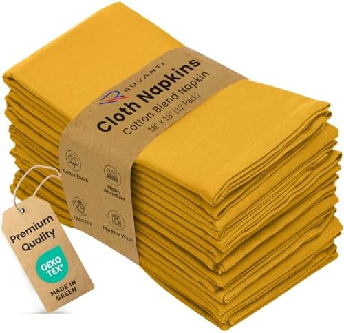 Ruvanti Cloth Napkins Set of 12, Cotton Enrich 18”x18” - Mustard by Ruvanti