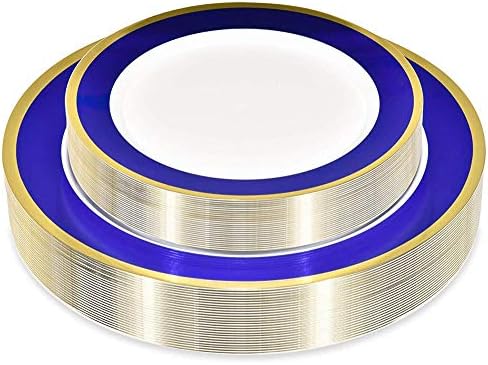 50 Piece Disposable Plates - Heavy Duty Plastic Dinnerware for Wedding Birthday Party Holiday Baby Shower - Includes 25 Dinner Plates and 25 Dessert Plates (Blue and Gold) by StockYourHome