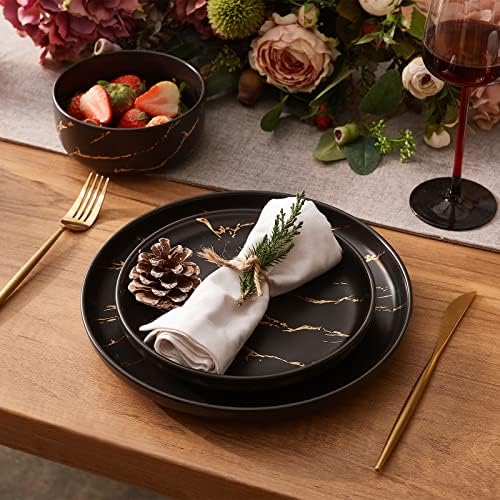 Pokini Black Gold Splash Dinnerware Sets, Porcelain Plates and Bowls Sets - Image 3