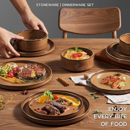Onader Stoneware Dinnerware Sets for 4, Plates and Bowls with Unglazed Terracotta Bottom, Elegant Kitchen Ceramic Dish Dishware Set, Reactive Glaze 12 Piece - Earthy Umber - Image 6