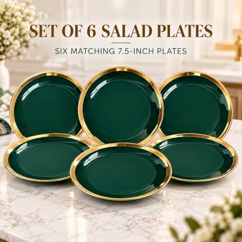 7.5-Inch Porcelain Salad Plates Set of 6, Green Gold Trim - Image 2
