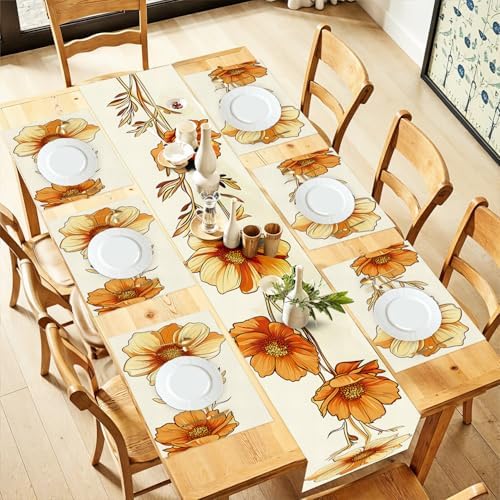 ANNA QUEEN Fall Floral Table Runner and Placemats Set of 6, 13"x72" Table Runner with 12"x18" Placemats, Autumn Flowers Dining Decor for Kitchen, Farmhouse, Thanksgiving Table Setting by ANNAQUEEN