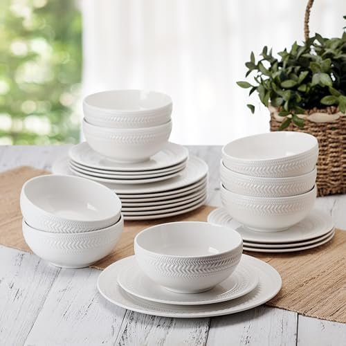 Pfaltzgraff Josephine 24-Piece Dinnerware Set, Porcelain Dish Set with Embossed Basket Weave Design, Service for 8, White Plates and Bowls Sets, Microwave and Dishwasher Safe - Image 5