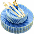 YOUBET 125PCS Clear Blue Gold Plastic Plates - Blue Disposable Plates With Gold Rim Include 25 Dinner Plates 25 Dessert Plates 75 Golden Silverwares for Wedding Birthday & Parties by YOUBET