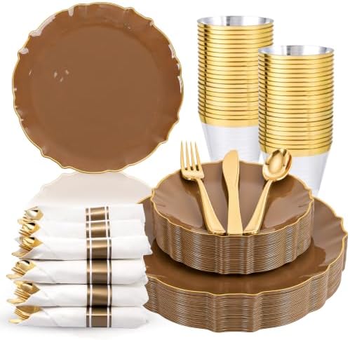 bUCLA 175PCS Brown Plastic Plates - 25 Guests Gold Rim Disposable for Party by BUCLA