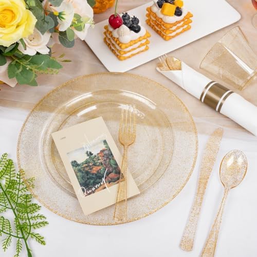 WELLIFE 210Pcs Gold Glitter Dinnerware Set, Gold Glitter Disposable Dinnerware for 30 Guests, Include: 30Dinner Plates, 30Dessert Plates, 90Gold Glitter Silverware, 30 Cups, 30 Paper Napkins - Image 4