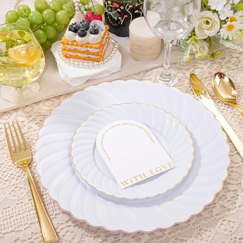 YOUBET 125PCS White and Gold Plastic Plates for Wedding Parties - Image 5