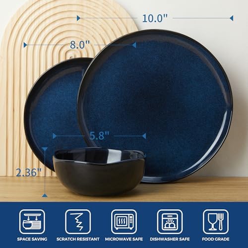 Pokini Extra Large Dinnerware Set for 12, 36 Pieces Ceramic Plates and Bowls Set, Kitchen Dish Set, Microwave & Dishwasher Safe Dishware, Ocean-Inspired Stoneware for Big Gatherings, Starry Blue - Image 2