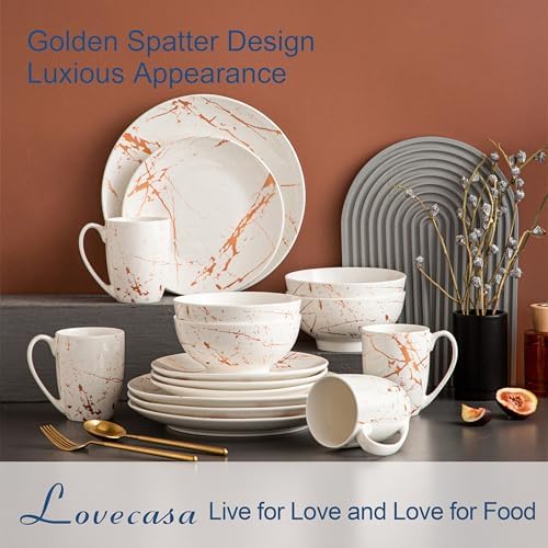 LOVECASA White Dinnerware Sets for 4, 16 Piece Porcelain Dish Set Plates and Bowls Sets, Gold Splash Glaze Ceramic Dinner Set with Mugs, Dishwasher Microwave Safe - Image 3