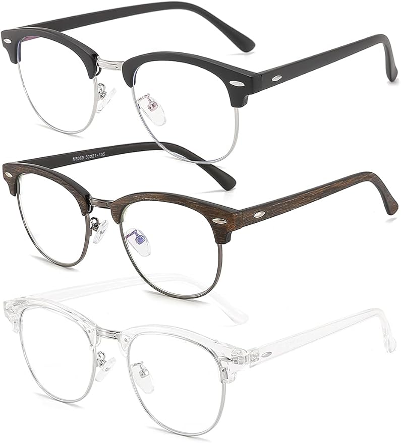 SOAR&EAGLE 3 Pack Blue Light Blocking Glasses,Computer Gaming Glasses,Retro Semi Rimless UV400 Clear Lens Computer Eyewear For Men/Women (Sand black silver/Wood grain gun/Crystal silver)