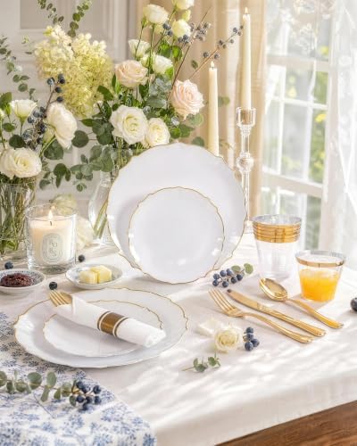 bUCLA 175PCS White and Gold Plastic Plates - 25 Guests for Party, Wedding - Image 3