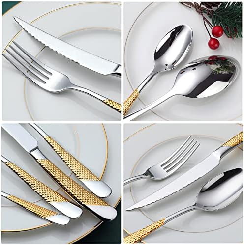 Hammered Silver Gold Silverware Set, OGORI 24-Piece 18/10 Stainless Steel Flatware Set, Service of 6 - Image 5