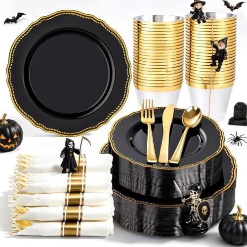 Hioasis 175 Pcs Black and Gold Plastic Plates Wedding & Party by Hioasis