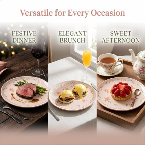 Romantic Pink Peach Blossom Ceramic Dinner Plates, Set of 6, 10.25-Inch Large Serving Plates for Kitchen, Microwave, Oven & Dishwasher Safe - Image 4