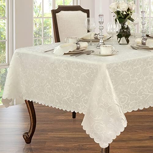 Newbridge Portofino Scalloped Damask Fabric Tablecloth, 52 x 70 Inch Rectangle, Ivory, Wrinkle and Stain Resistant Fine Dining Holiday Party Table Cover - Image 3