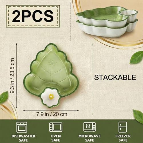 Leaf Shaped Ceramic Serving Platter Set of 2, Divided Snack & Appetizer Dish for Chip and Dip, Sauces, Fries, Tapas, Fruit and Dessert - Image 3