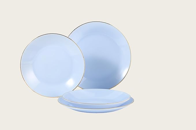 8-Inch Glass Dinner Plates Set of 6 – Elegant Blue with Gold Trim and Non-Slip Base, Handcrafted for Family Dining, Entertaining, or Gifts