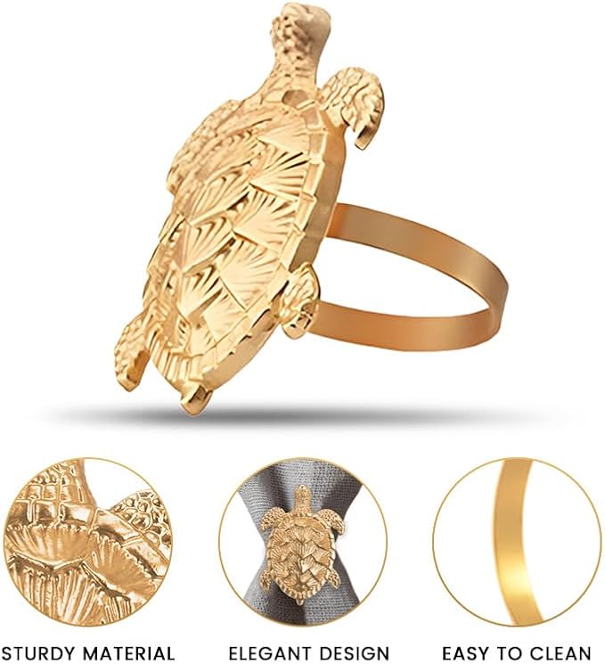 Decozen Set of 12 Gold Napkin Rings in Turtle Design Festive Table Decor Setting for Holiday Wedding, Birthday, Kitchen, Home Decor Housewarming Gift - Mothers Day Decorations