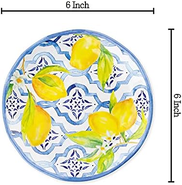 UP Lovely Lemons Melamine Round Dessert Plates, Small Serving Plates, for Appetizer, Snacks, and Side Dishes, Blue and Yellow, 6 Inch, Set of 4 - Image 2