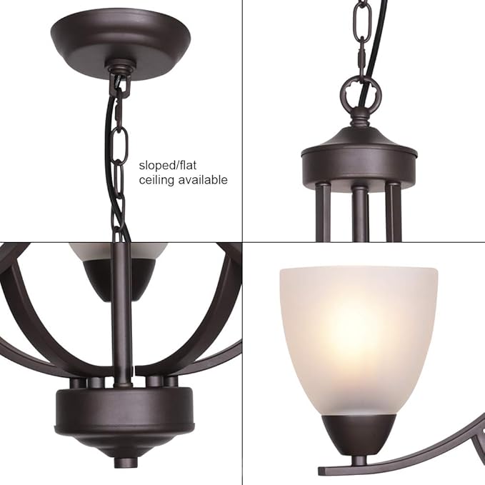 VINLUZ 3 Light Shaded Contemporary Chandeliers with Alabaster Glass Oil Rubbed Bronze Modern Light Fixtures Ceiling Hanging Mid Century Pendant Lighting for Dining Room Living Room Hallway Bedroom