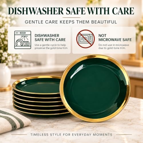 7.5-Inch Porcelain Salad Plates Set of 6, Green Gold Trim - Image 6
