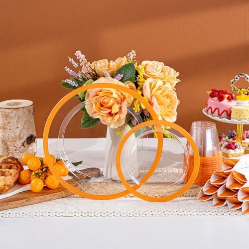I00000 350 Pcs Clear Orange Plastic Plates Dinnerware Set for 50 Guests - Image 6
