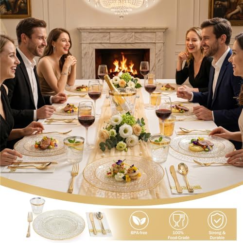 DaYammi 350PCS Gold Glitter Plastic Dinnerware Set for 50 Guests - Image 3