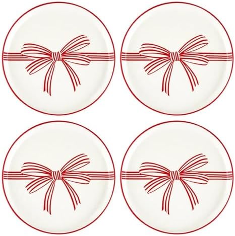 Santa Barbara Design Studio Christmas Appetizer Plates - Set of 4 Small Ceramic Plates, 5.25" Diameter, Red Bow - Image 3