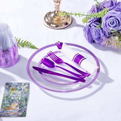 I00000 350Pcs Clear Purple Plastic Plates Dinnerware Set for 50 Guests - Image 5