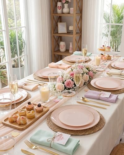 bUCLA 150PCS Pink Plastic Plates - Pink and Gold Disposable Include 25 Each (Dinner & Dessert) Plates, 25 Knives, 25 Forks, 25 Spoons and 25 Cups, Ideal for Party & Wedding - Image 5