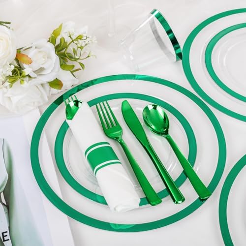 I00000 350 Green Plastic Plates, Clear Disposable Dinnerware Set for Party - Image 4