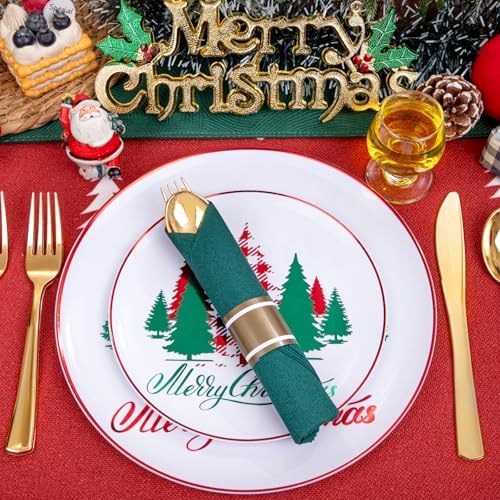 Supernal 30 Pack Pre Rolled Gold Plastic Silverware with Green Napkins - Image 6