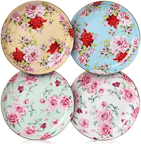 BTaT- Floral Dessert Plates Ceramic, Set of 4, 8 Inch, Assorted Colors with Golden Rim, Deep Porcelain Floral Plates Set of 4, Dishwasher Safe by BrewToATea
