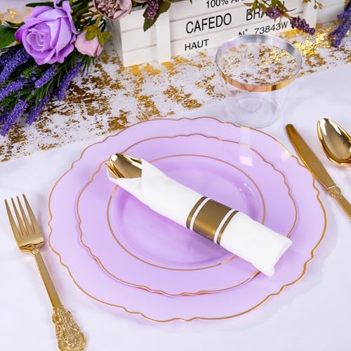 Liacere 175PCS Purple Plastic Plates-Disposable Lavender Plates 25guest Baroque Plastic Dinnerware include 50Plates, 25Pack Pre Rolled Napkins with Silverware 25Cups for Party & Wedding & Baby Shower - Image 3