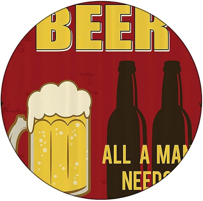 Polyester Tablecloth, Manly Decor Waterproof Oil-Proof PVC Table Cloth, Beer Mug and Two Bottles with Quotes Beer All, Fit Round Tables 56inch Diameter, for Wedding Party Dining Banquet Use