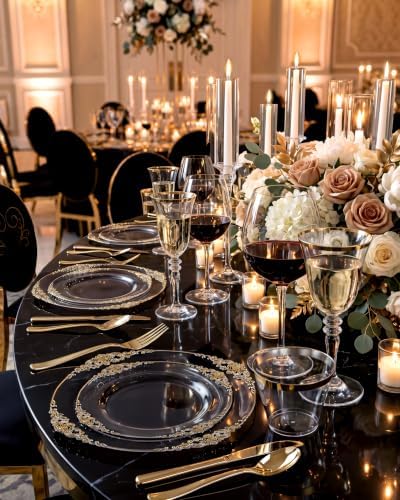 Nervure 600Pcs Clear and Gold Plastic Plates, Dinnerware Set for 100 Guests - Image 3