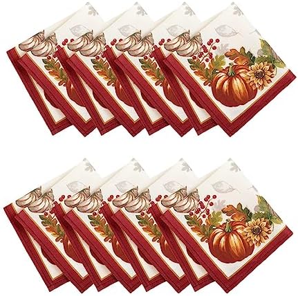 Elrene Home Fashions Swaying Leaves Bordered Fall Napkins, Seasonal Dinner Napkins for Formal or Everyday Use, 17" x 17", Set of 8 by ElreneHomeFashions