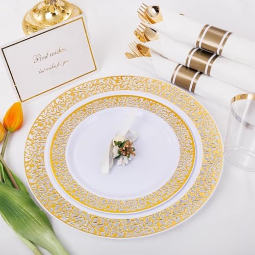 WELLIFE 50 Guests Dinnerware Sets, Gold Plastic Plates，Platos Para Fiestas Elegantes Desechables Include:50 Dinner Plates, 50 Dessert Plate, 150 Pcs Gold Plastic Silverware, 50 Cups for Party - Image 3