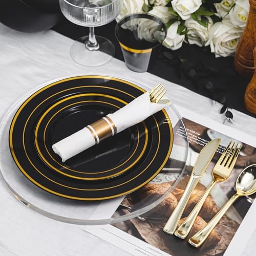 N9R 350PCS Black Gold Plastic Plates, Disposable Dinnerware Set for Party - Image 3